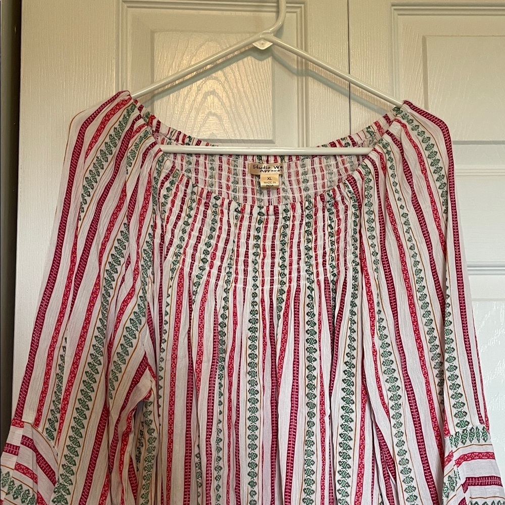 Studio West Apparel XL pink/aqua striped tunic tasseled asymmetrical sleeves